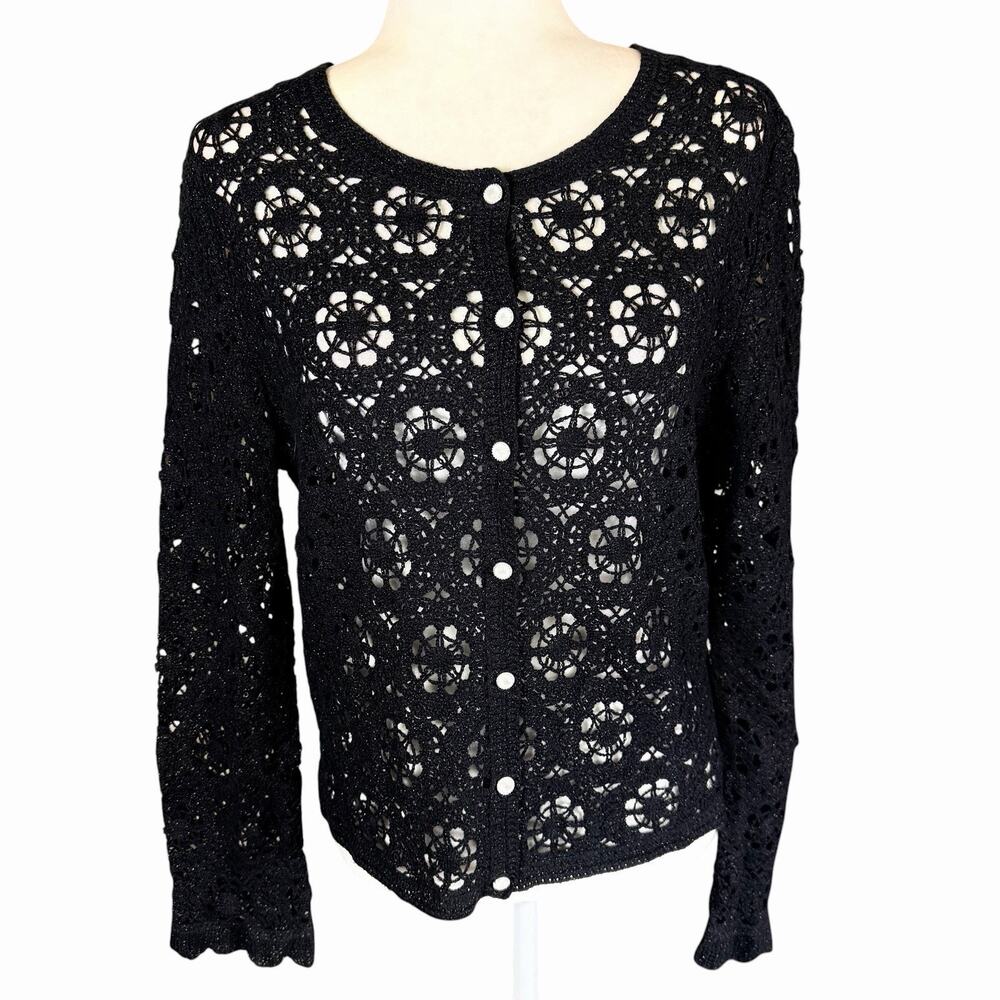 Fairy Season Golden Thread Vintage Wool Crochet Cardigan L Black Whimsigoth Goth